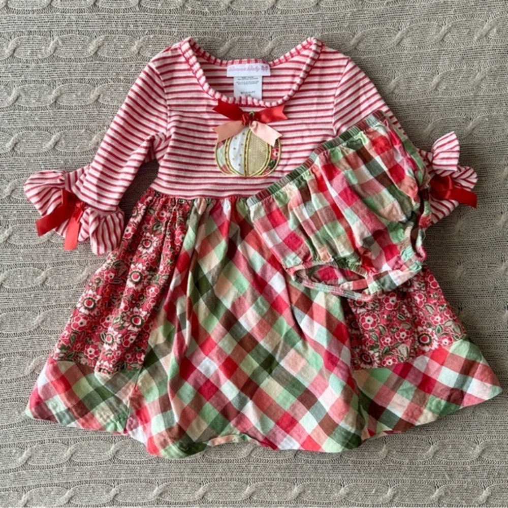 EUC Bonnie Baby Dress + Bloomer, Fall Patchwork & Plaid Pumpkin, 24 Months